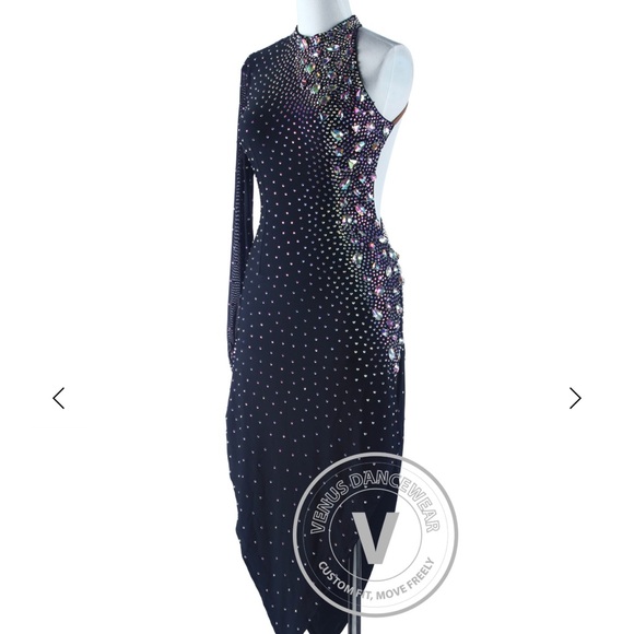 Navy Blue Latin/Rhythm Dance Dress with Rhinestone Detailing - Picture 7 of 8
